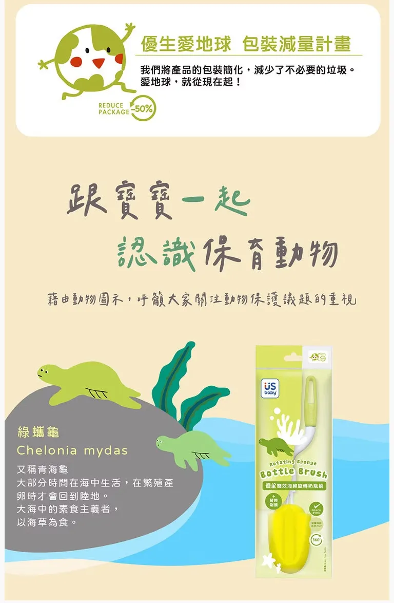 優生 雙效海綿旋轉奶瓶刷【替換刷頭組】-綠蠵龜