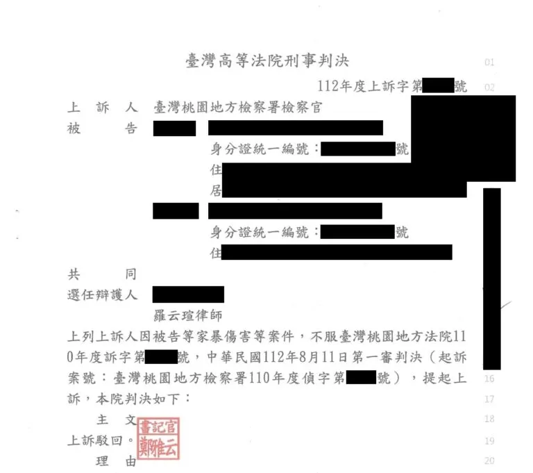 【刑事：家暴傷害案件】成功爭取第二審勝訴判決