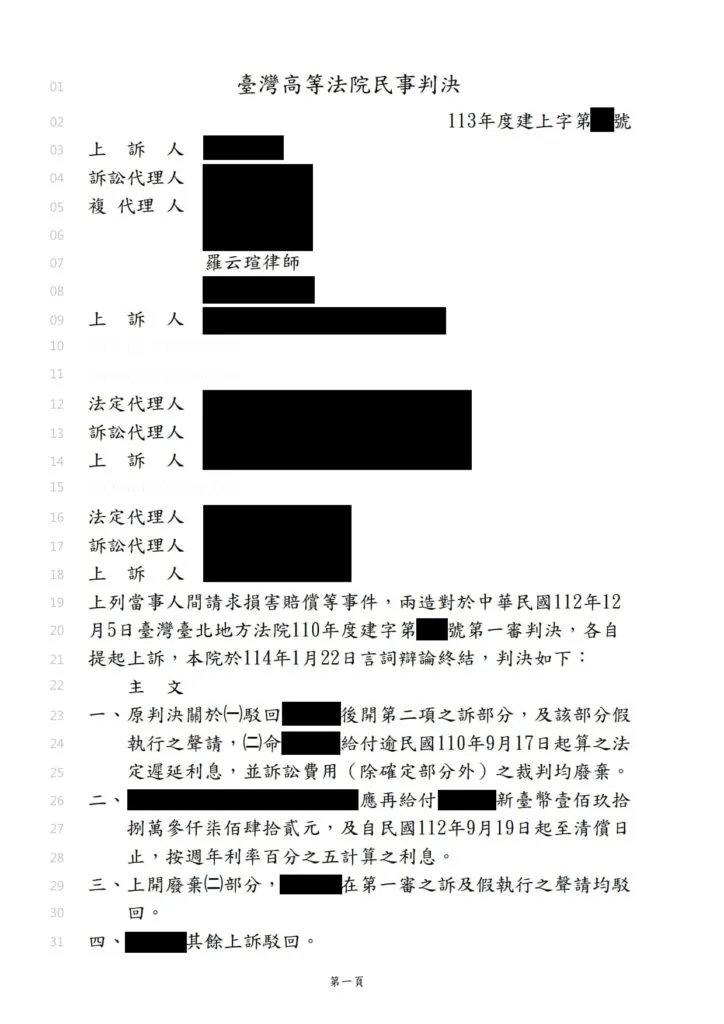 【民事：工程案件】成功爭取第二審勝訴判決