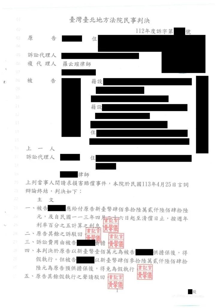 【民事：請求損害賠償案件】成功爭取勝訴判決