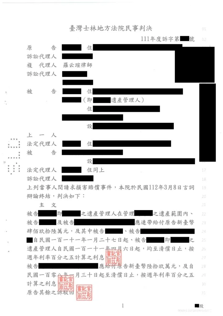 【民事：請求損害賠償案件】成功爭取勝訴判決