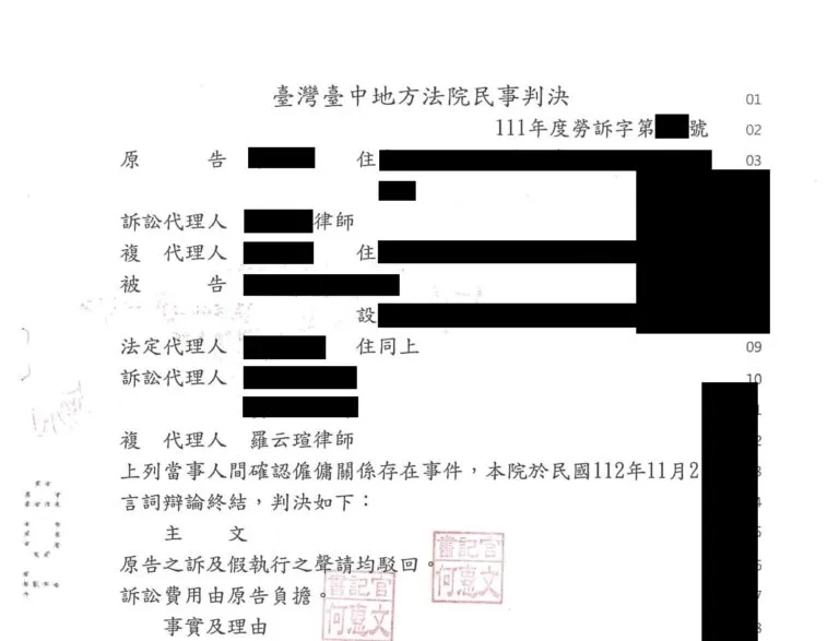 【民事：確認僱傭關係存在等案件】成功爭取勝訴判決