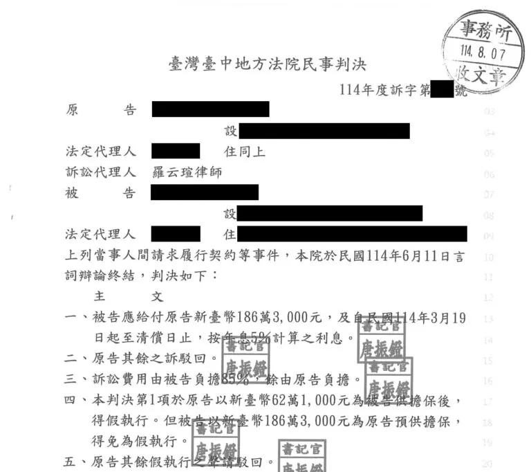 【民事：請求履行契約案件】勝訴