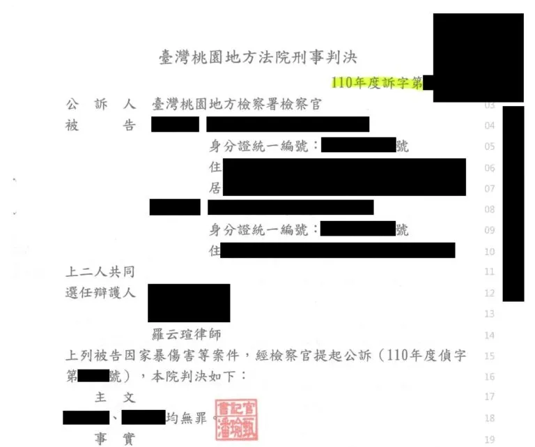 【刑事：家暴傷害案件】成功爭取無罪判決