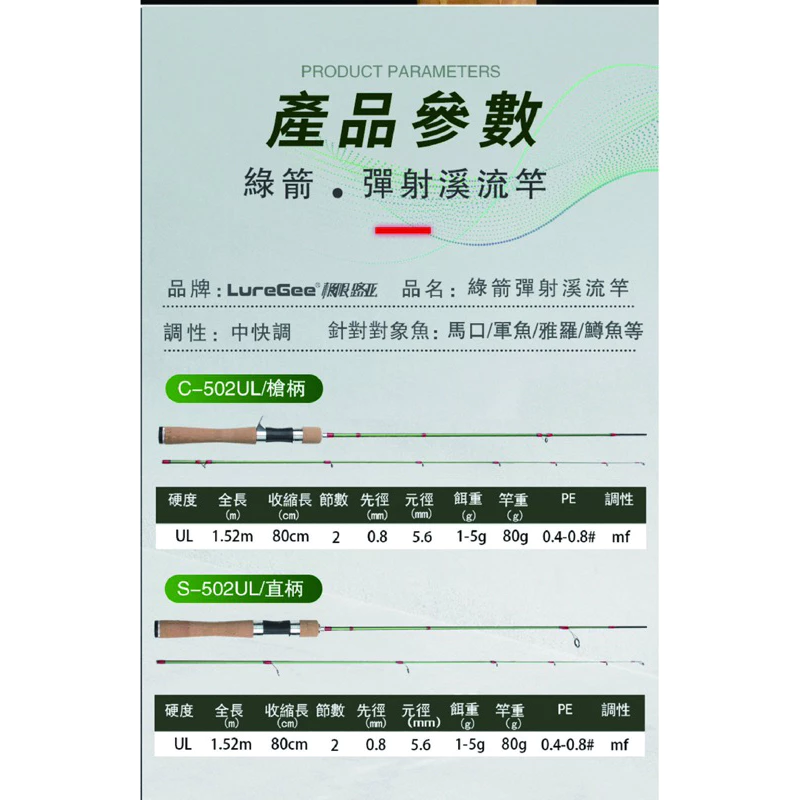 【LUREER】 LUREGEE 綠箭 溪流路亞竿 玻纖混碳纖 彈射竿 微物釣 路亞竿