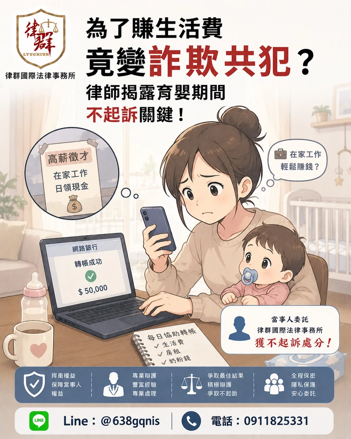為了賺生活費竟變詐欺共犯？律師揭露育嬰期間不起訴關鍵！