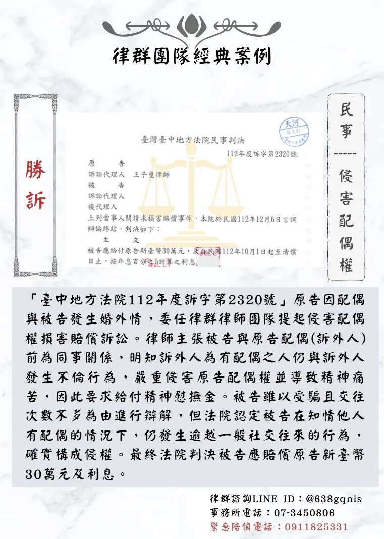 民事｜侵害配偶權｜勝訴