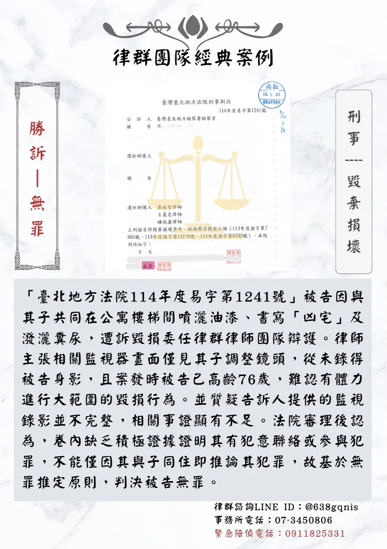 刑事｜毀棄損壞｜勝訴-無罪