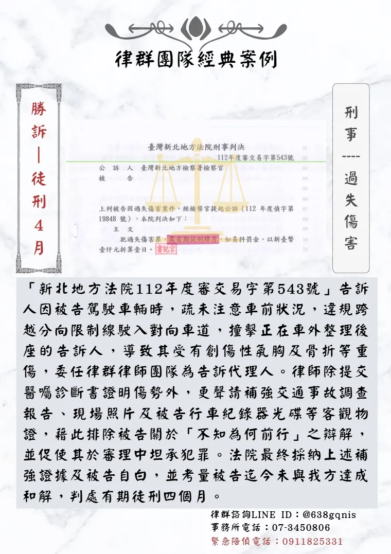 刑事｜過失傷害｜勝訴-徒刑4月