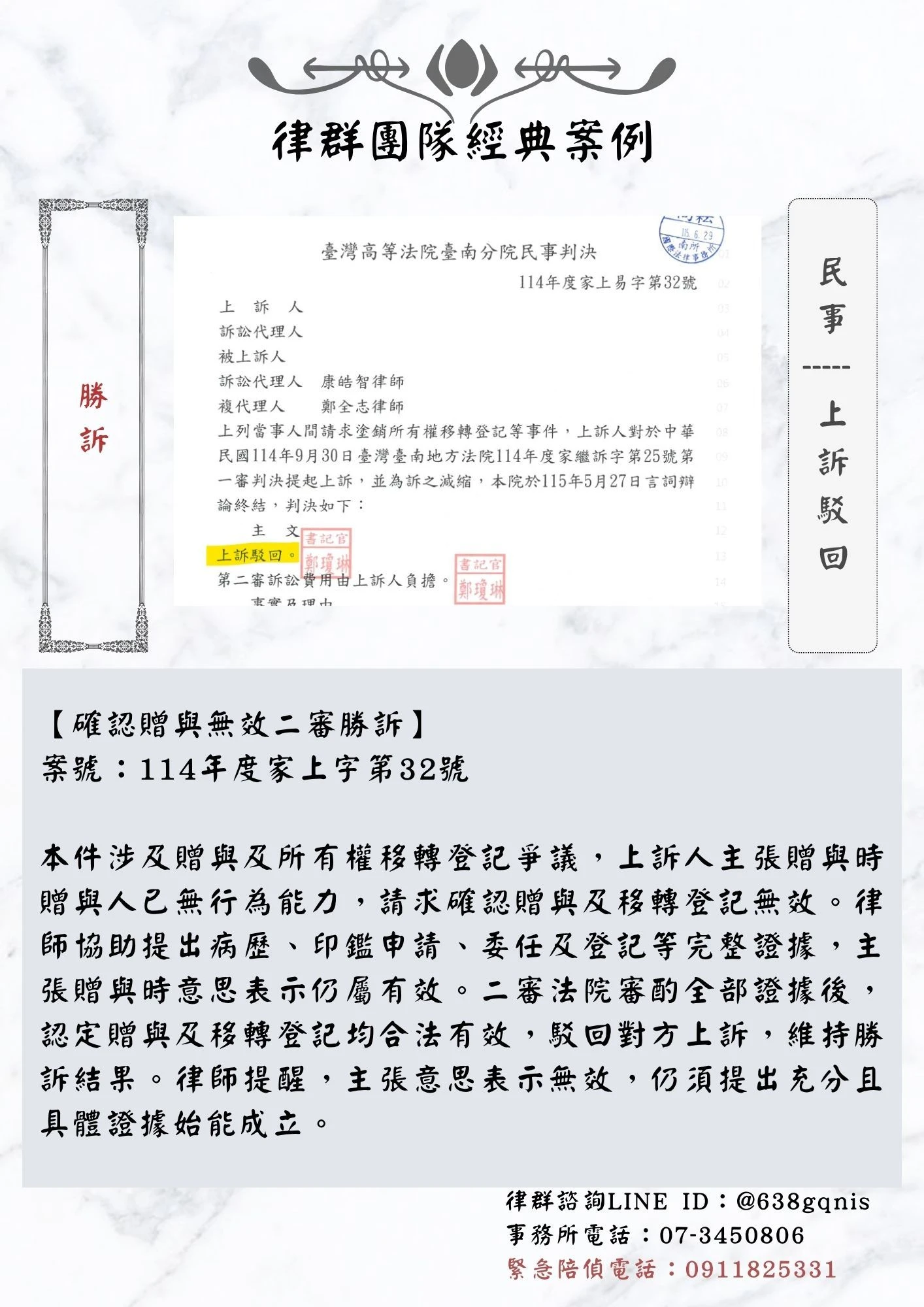 民事｜上訴駁回｜勝訴