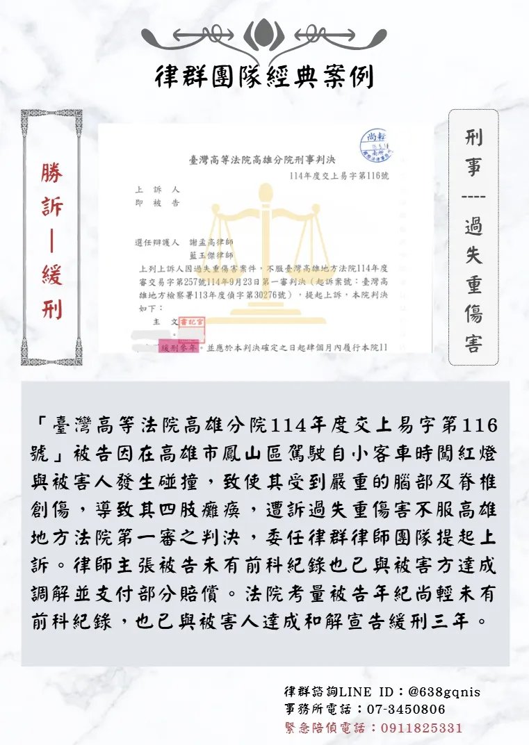 刑事｜過失重傷害｜勝訴-緩刑