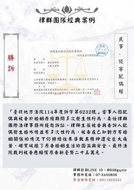 民事｜侵害配偶權｜勝訴