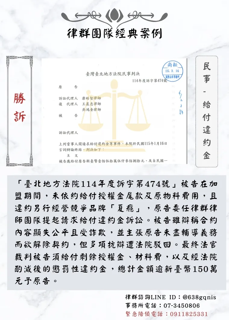 民事｜給付違約金｜勝訴