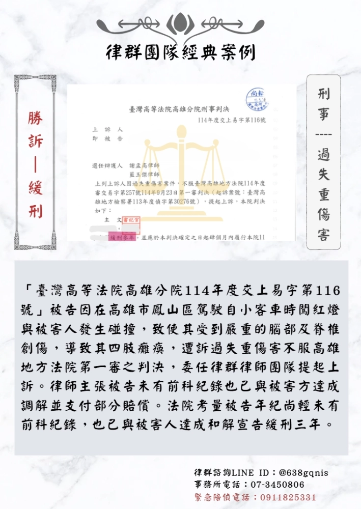 刑事｜過失重傷害｜勝訴-緩刑