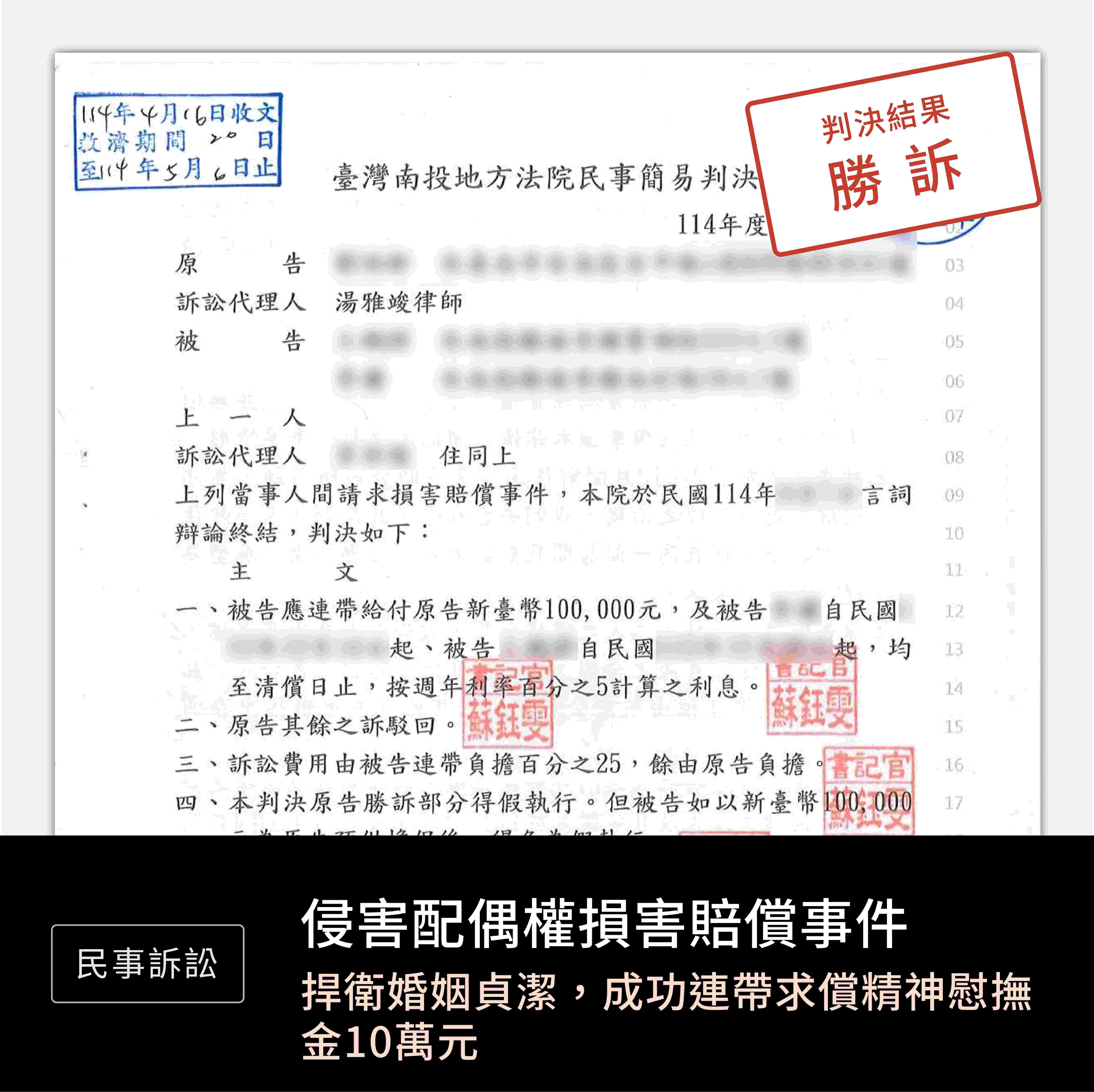 民事-侵害配偶權損害賠償-勝訴