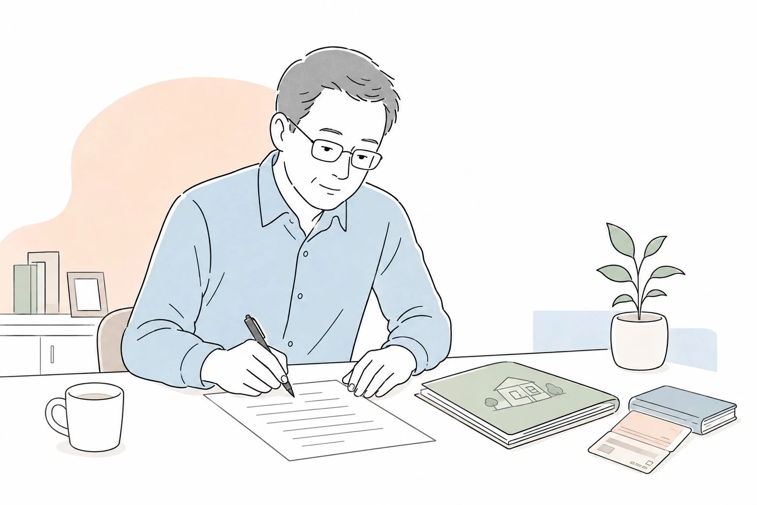 中年男子親手書寫自書遺囑的情境插畫