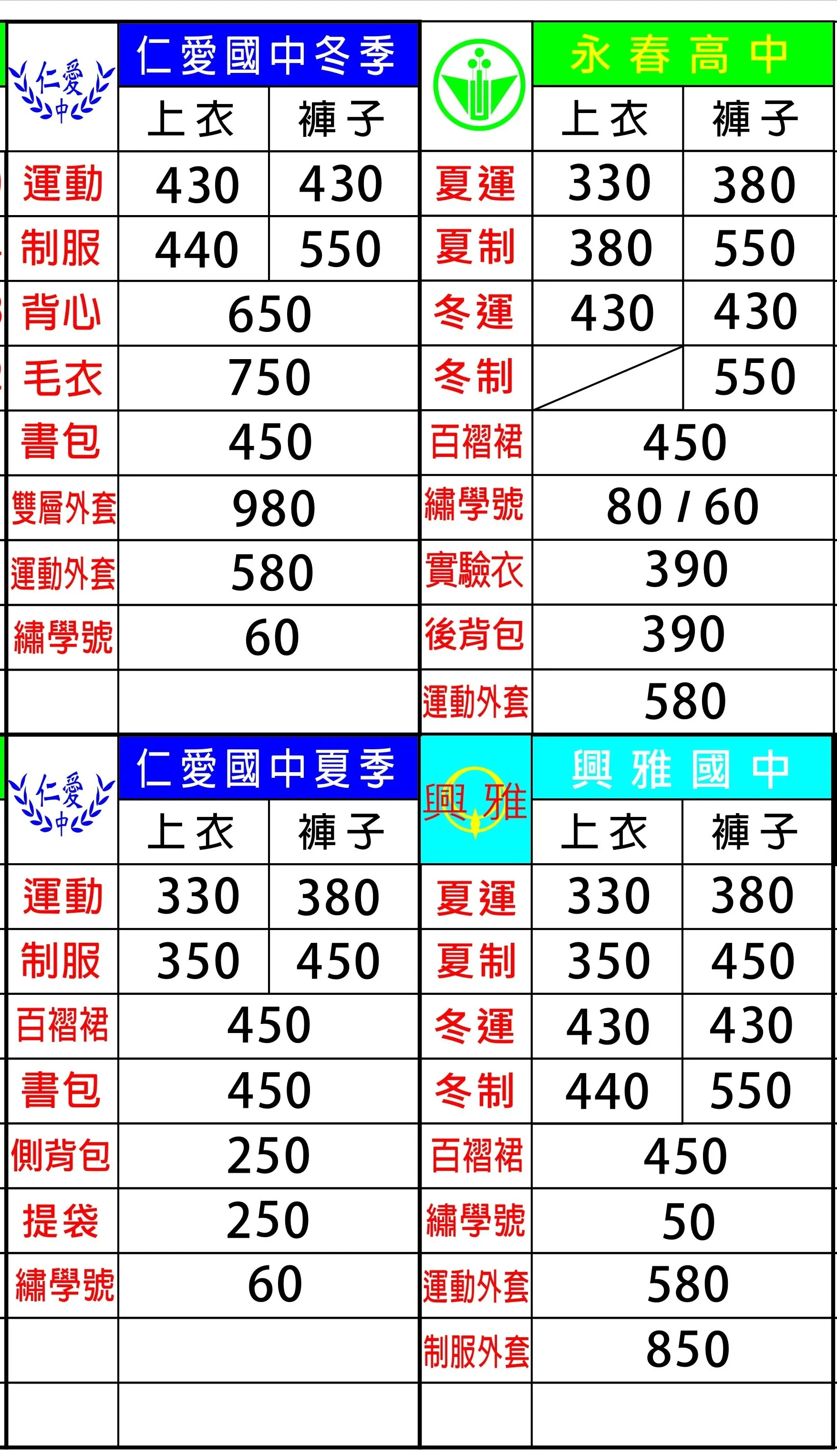 2025價目表
