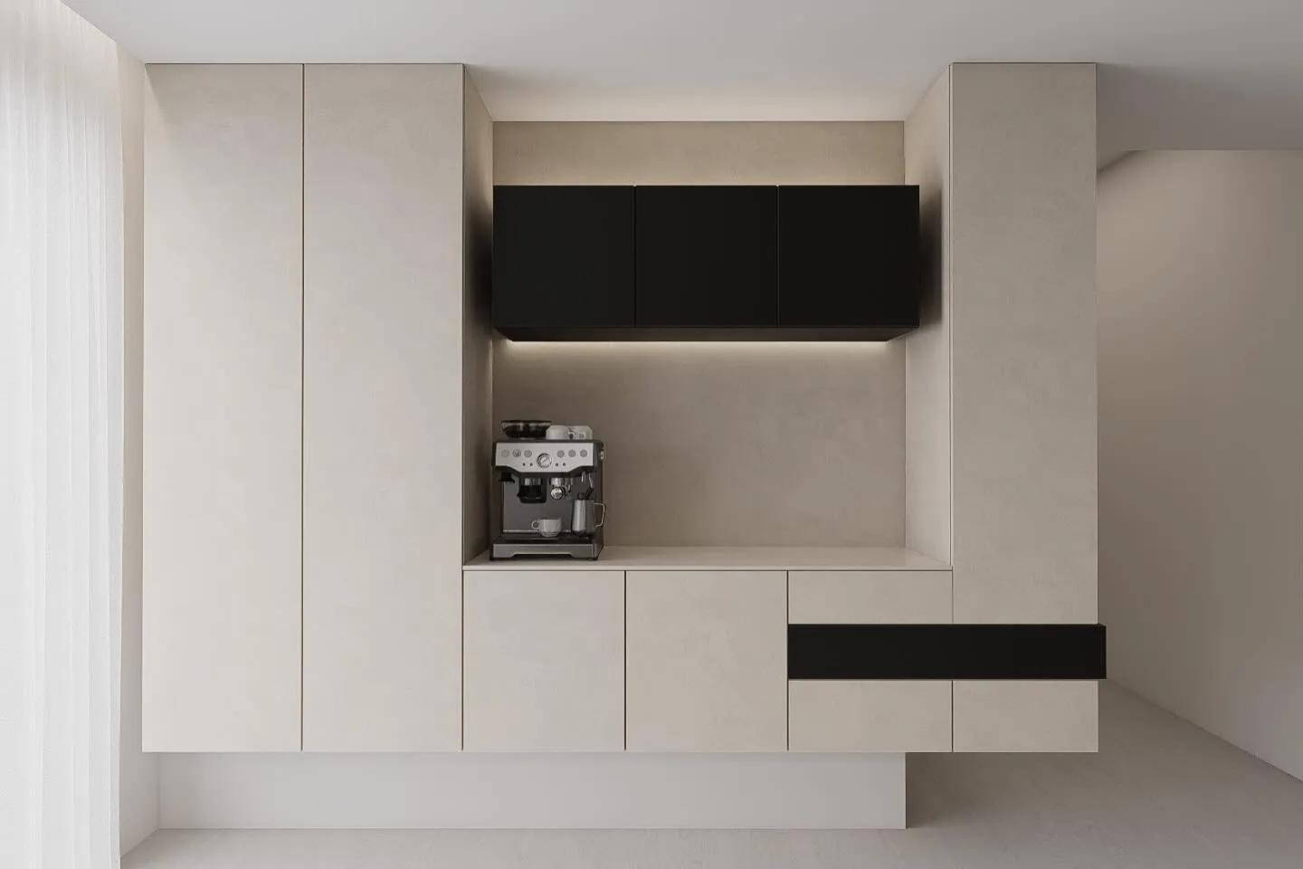 以白色作為基調，透過光影映照，形塑出乾淨俐落的空間氣質，黑與白的對比語彙，象徵極簡現代中最純粹的色彩張力。西區室內裝修/西區室內裝修公司