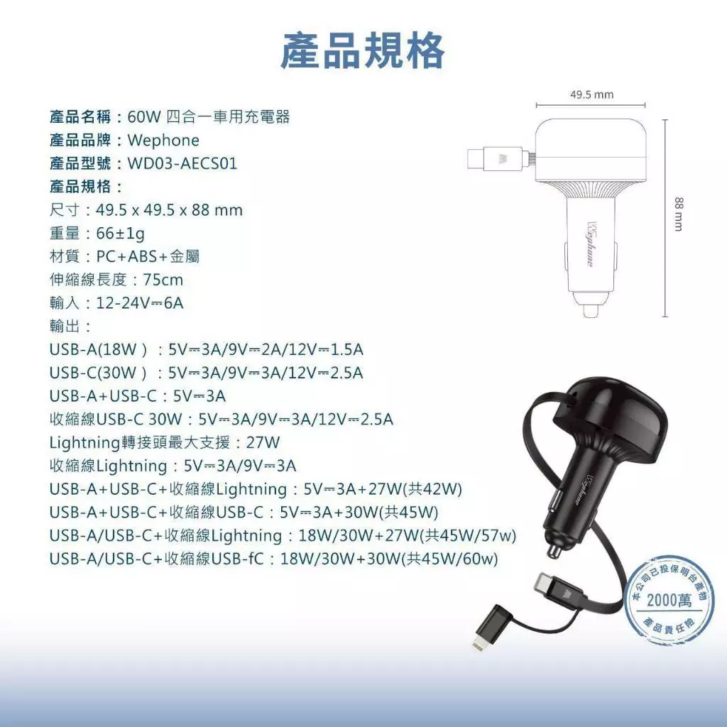 Wephone 60W四合一車用充電器