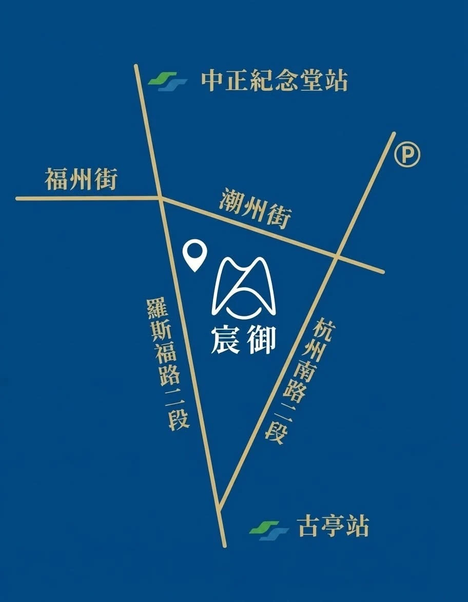 宸御牙醫診所位置示意圖：位於羅斯福路二段與潮州街附近，標示古亭站、中正紀念堂站及周邊停車位置