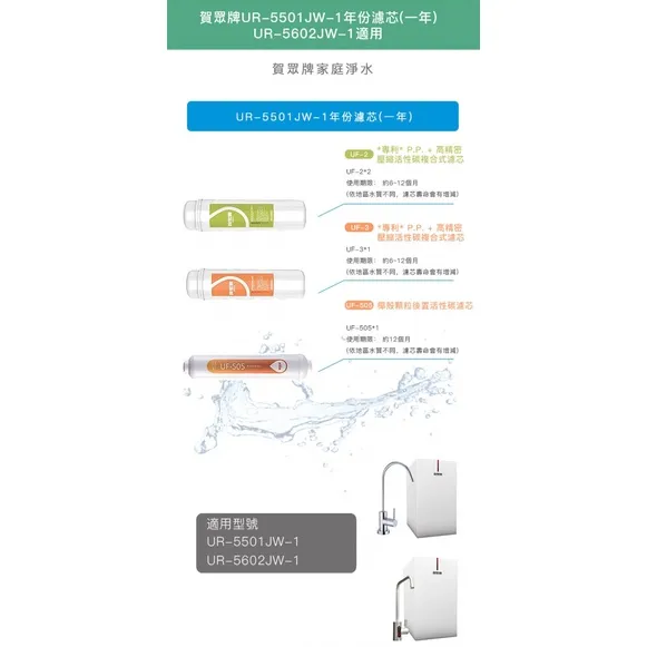 賀眾牌【UR-5501JW-1】一年份濾心組(不含RO膜+磁化生成器)【原廠台製】【NSF認證】
