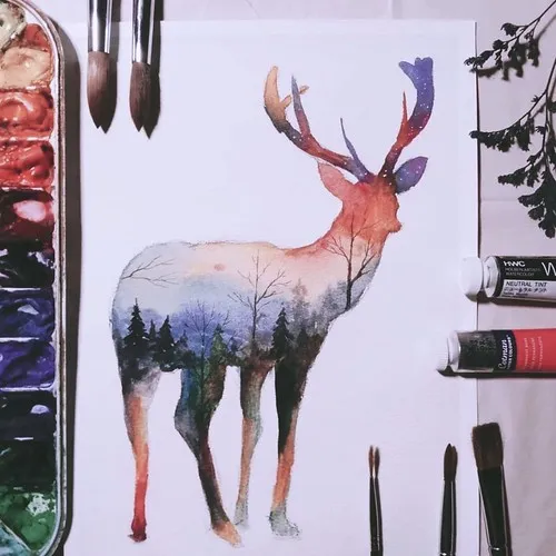 【體驗】一人成團/夢幻星空剪影 水彩畫驗驗/兩張作品/初學者可