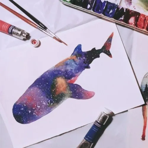 【體驗】一人成團/夢幻星空剪影 水彩畫驗驗/兩張作品/初學者可