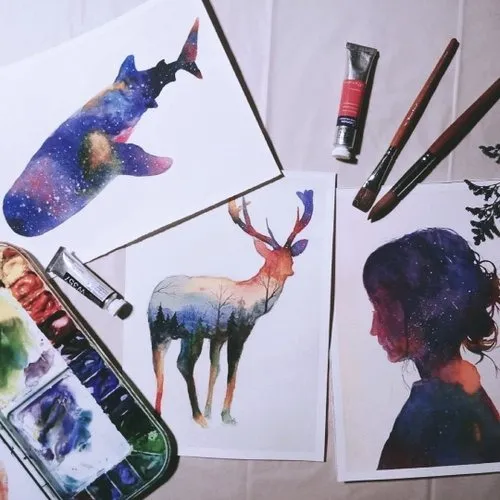 【體驗】一人成團/夢幻星空剪影 水彩畫驗驗/兩張作品/初學者可