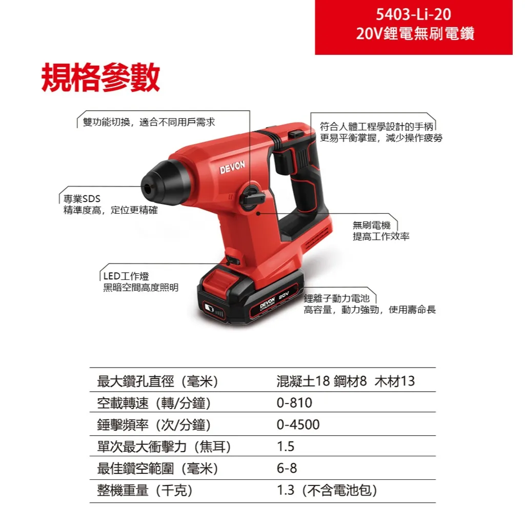 【飆破盤】DEVON大有 20V無刷電鎚鑽 5403-LI-20 水電 電動工具 裝潢 電鑽 免出力 無碳刷