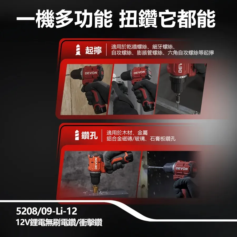 【飆破盤】DEVON大有 12V無刷震動電鑽 鑽洞