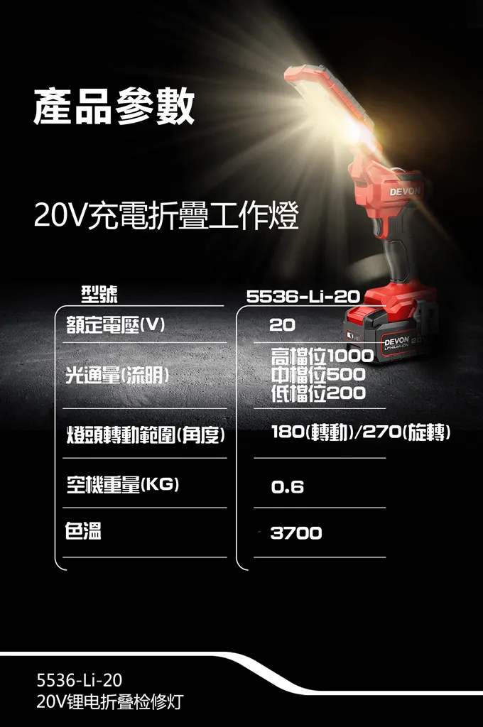 【飆破盤】DEVON大有-20V 摺疊工作燈 1000lm/3700K 照明 燈具