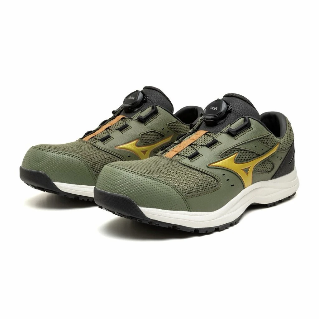 【飆破盤】MIZUNO 美津濃 安全鞋 F1GA266336 白底軍線身金勾 工作鞋 保護 輕量 防滑 塑鋼頭 透氣