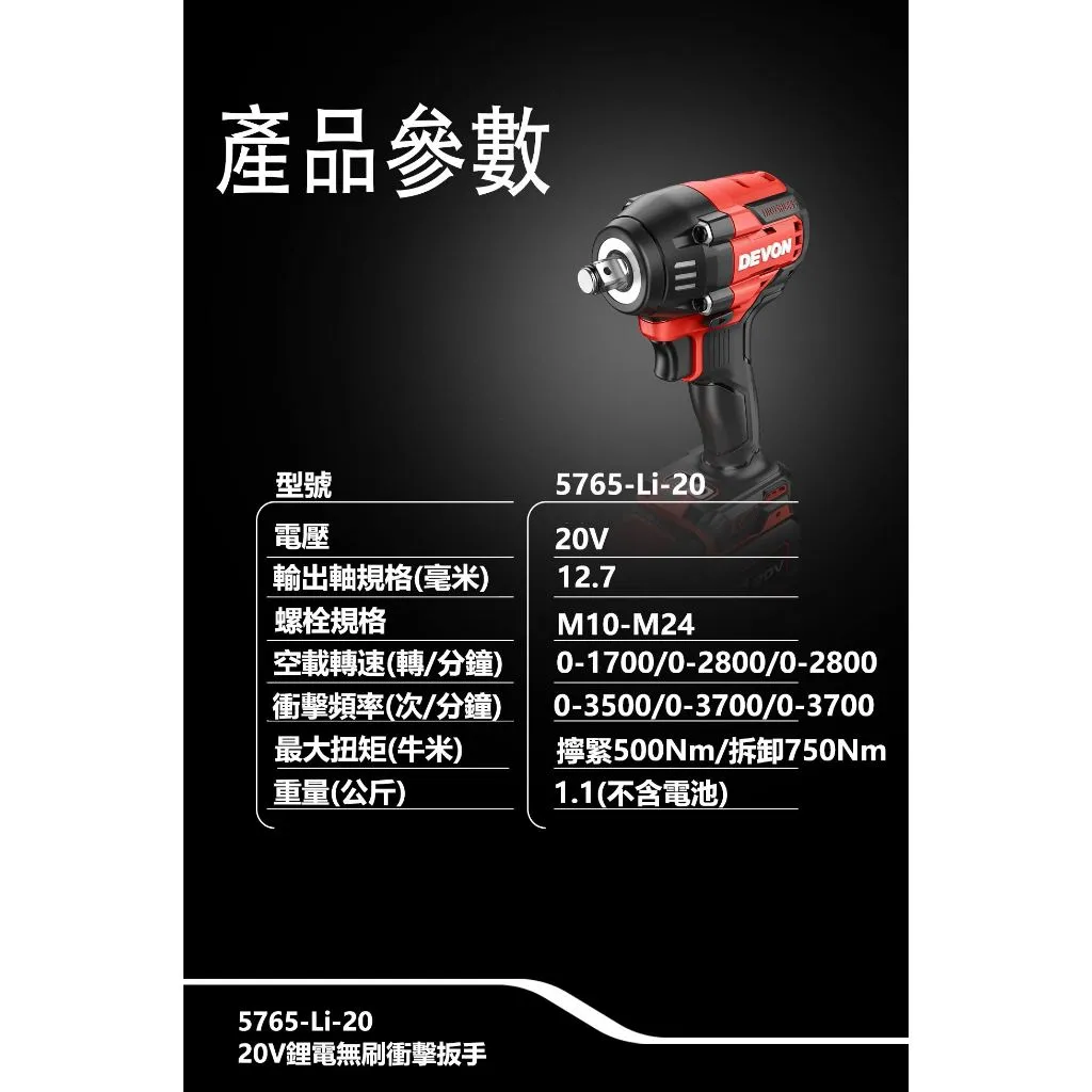 【飆破盤】DEVON大有 20V無刷4分扳手 500/750Nm 5765-LI-20 1/2 衝擊板手 工程