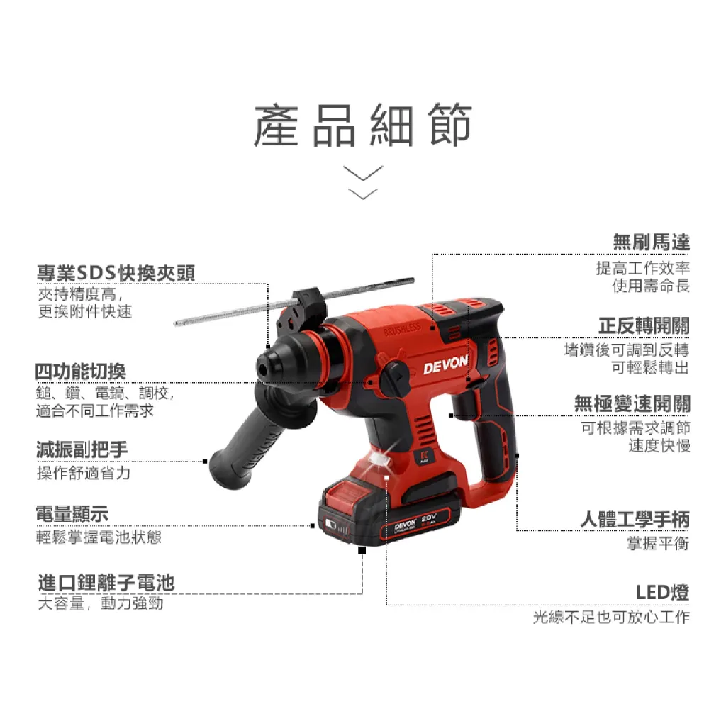 【飆破盤】DEVON大有 5401-LI-20RH 20V無刷電鎚鑽 四溝 電動工具 裝潢 水電 工程