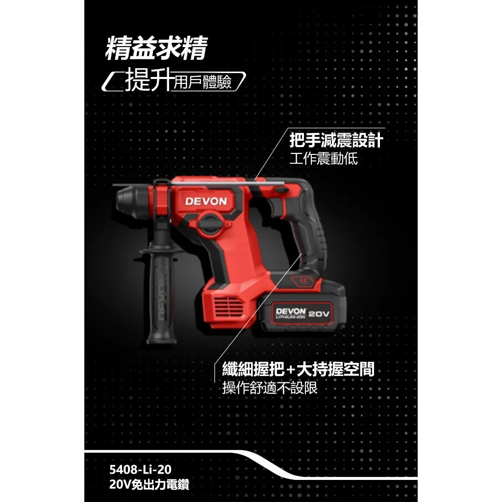 【飆破盤】DEVON大有 5408-LI-20 20V無刷電鎚鑽 免出力型 四溝 水電 工程 電動工具 裝潢