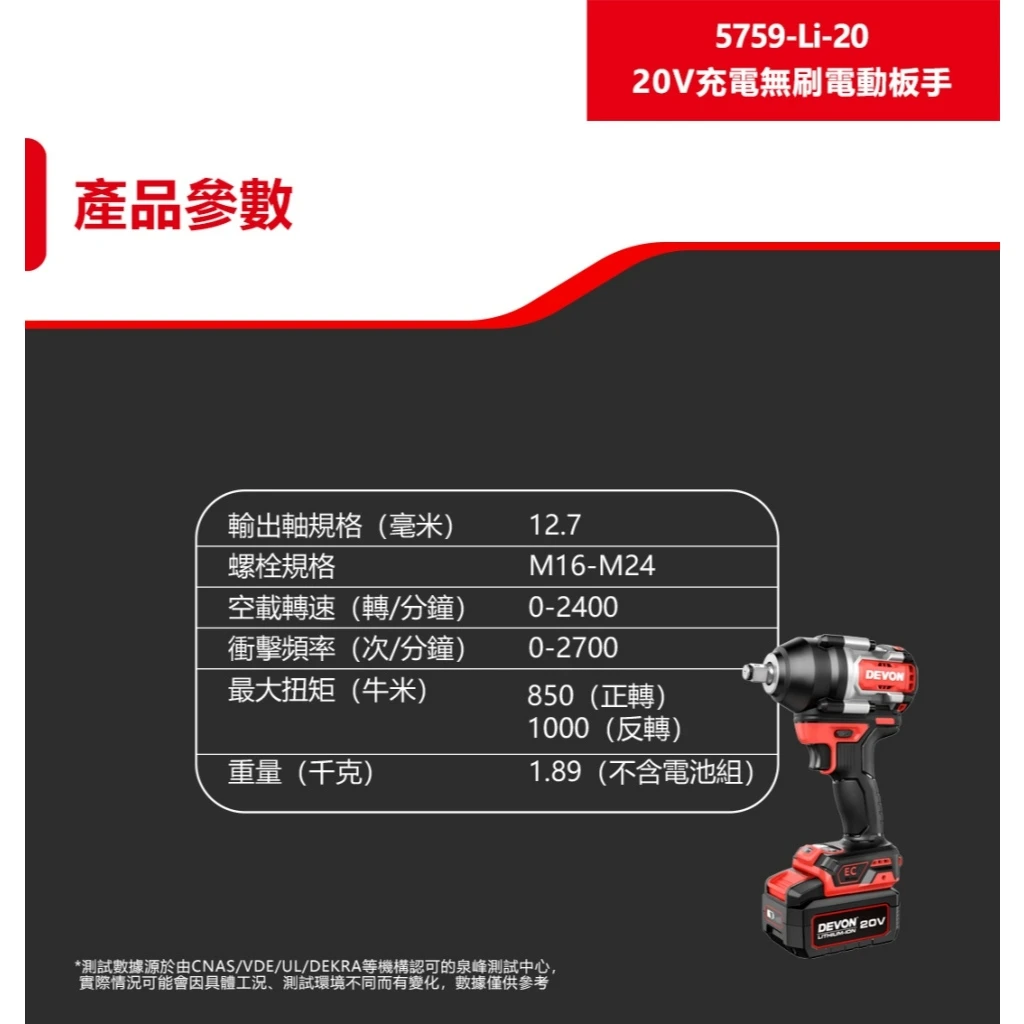 【飆破盤】DEVON大有 20V無刷4分扳手 850/1000Nm 電動板手 5759-LI-20 汽修 工程 水電