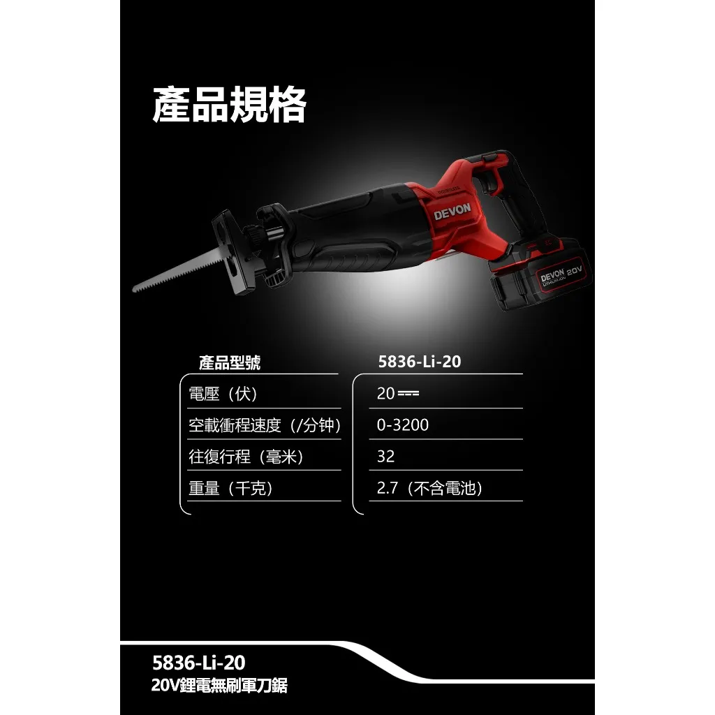 【飆破盤】DEVON大有 20V充電無刷軍刀鋸 5836-LI-20 木工 工程 電工 裝潢 無碳刷
