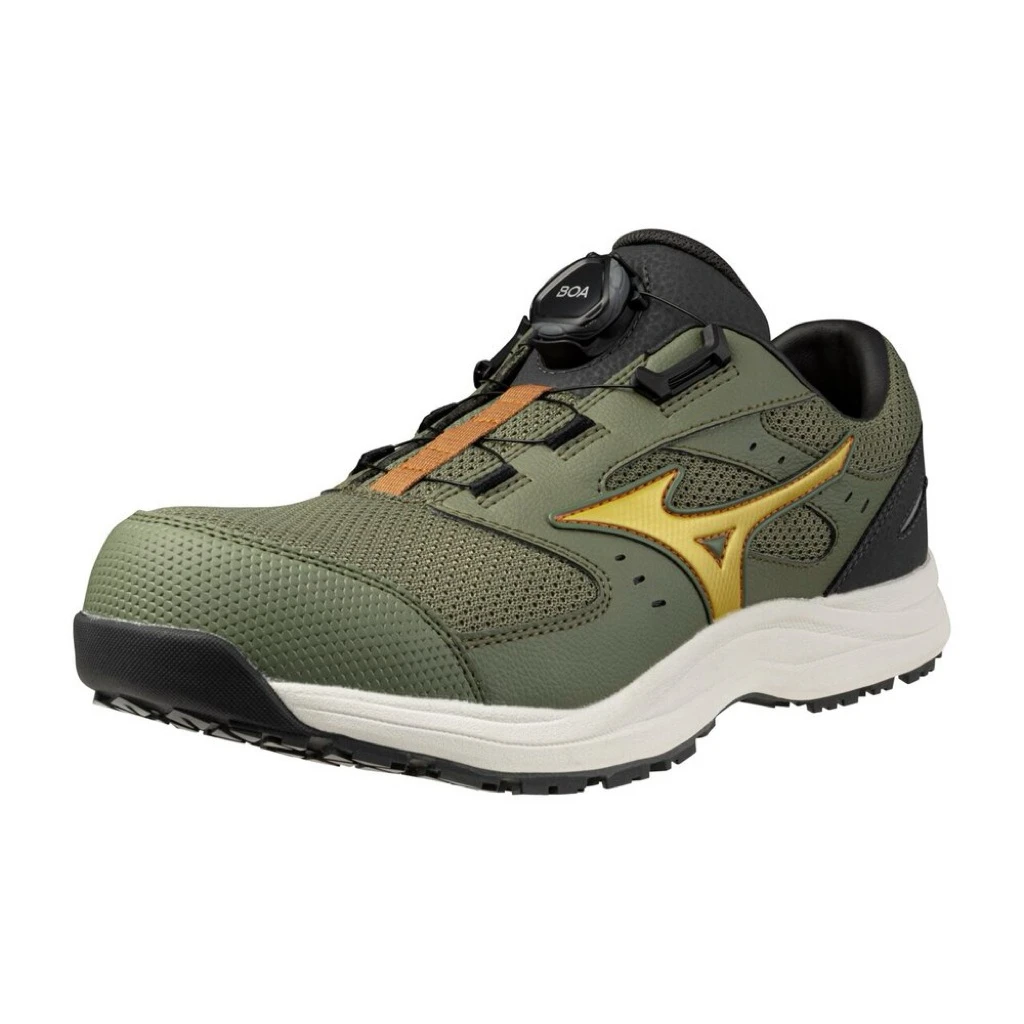 【飆破盤】MIZUNO 美津濃 安全鞋 F1GA266336 白底軍線身金勾 工作鞋 保護 輕量 防滑 塑鋼頭 透氣