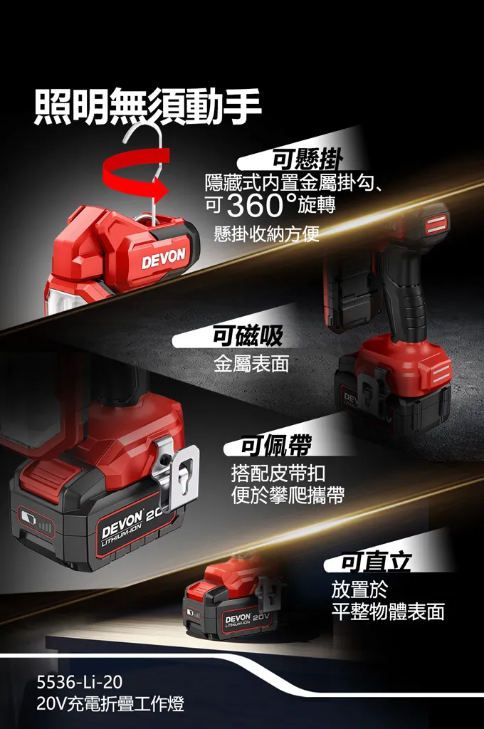 【飆破盤】DEVON大有-20V 摺疊工作燈 1000lm/3700K 照明 燈具