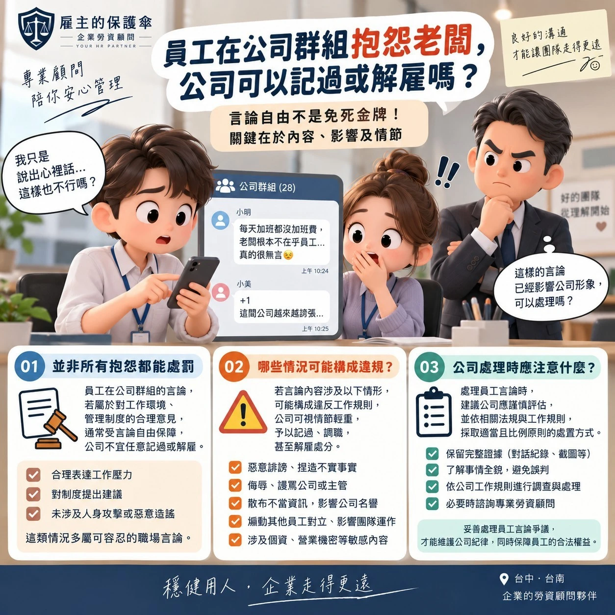 員工在公司群組抱怨老闆，公司可以記過或解雇嗎？