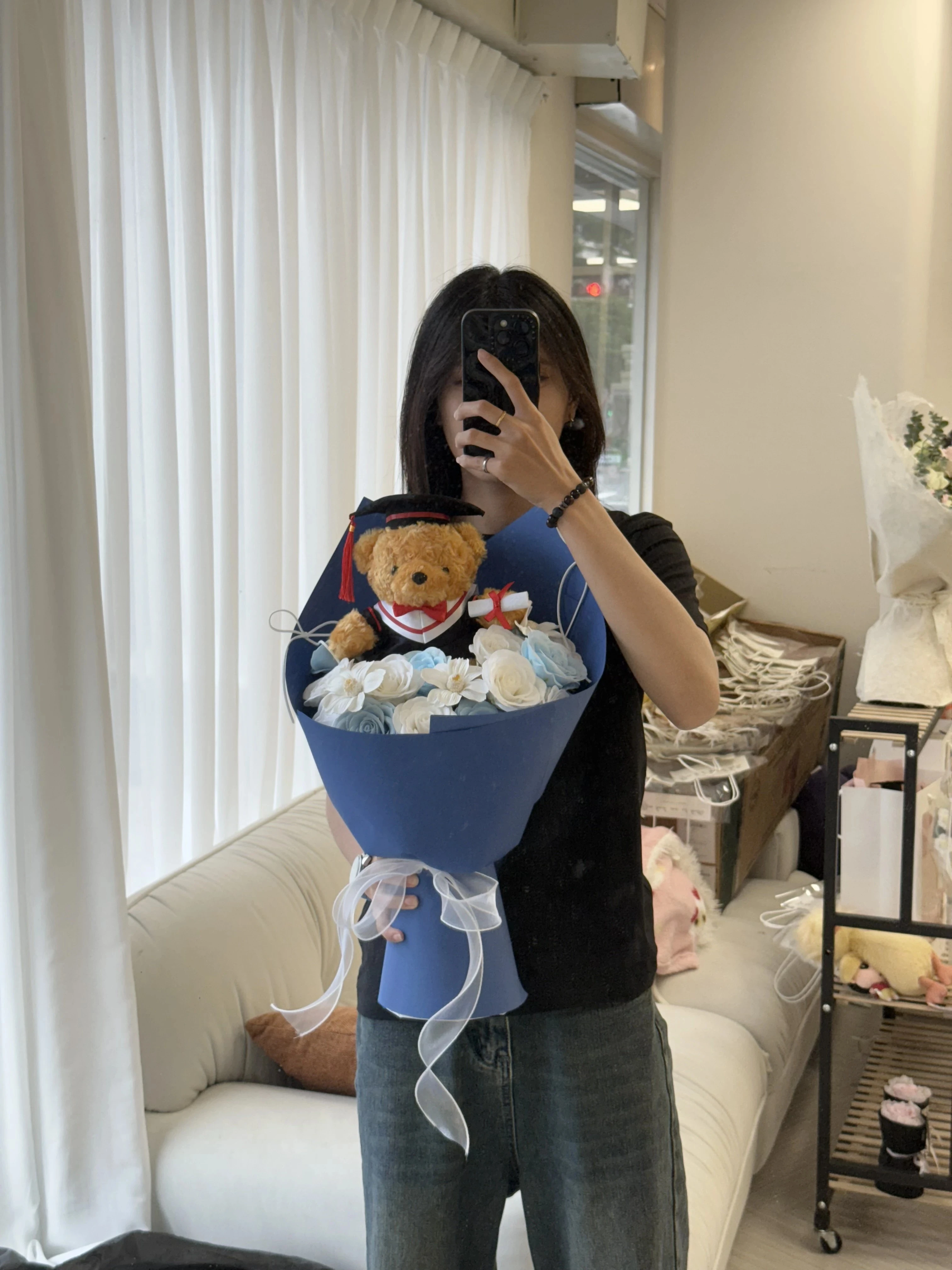 藍白畢業熊香皂花束
