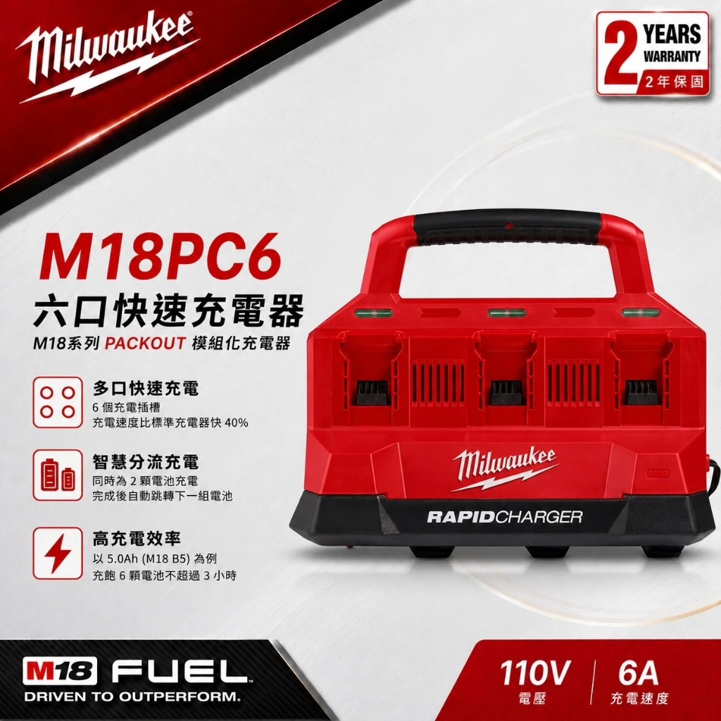 南慶五金 含稅 M18PC6 美沃奇 MILWAUKEE 18V鋰電配套6口快速充電器 M18 PC6 六充