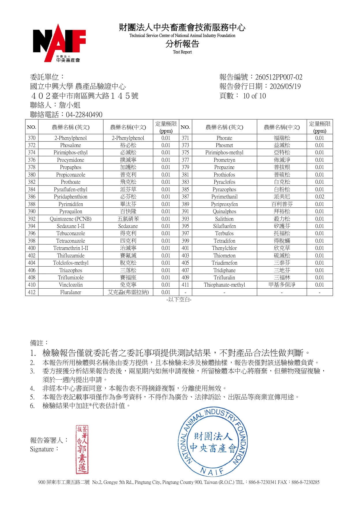 中央畜產會農產品驗證報告