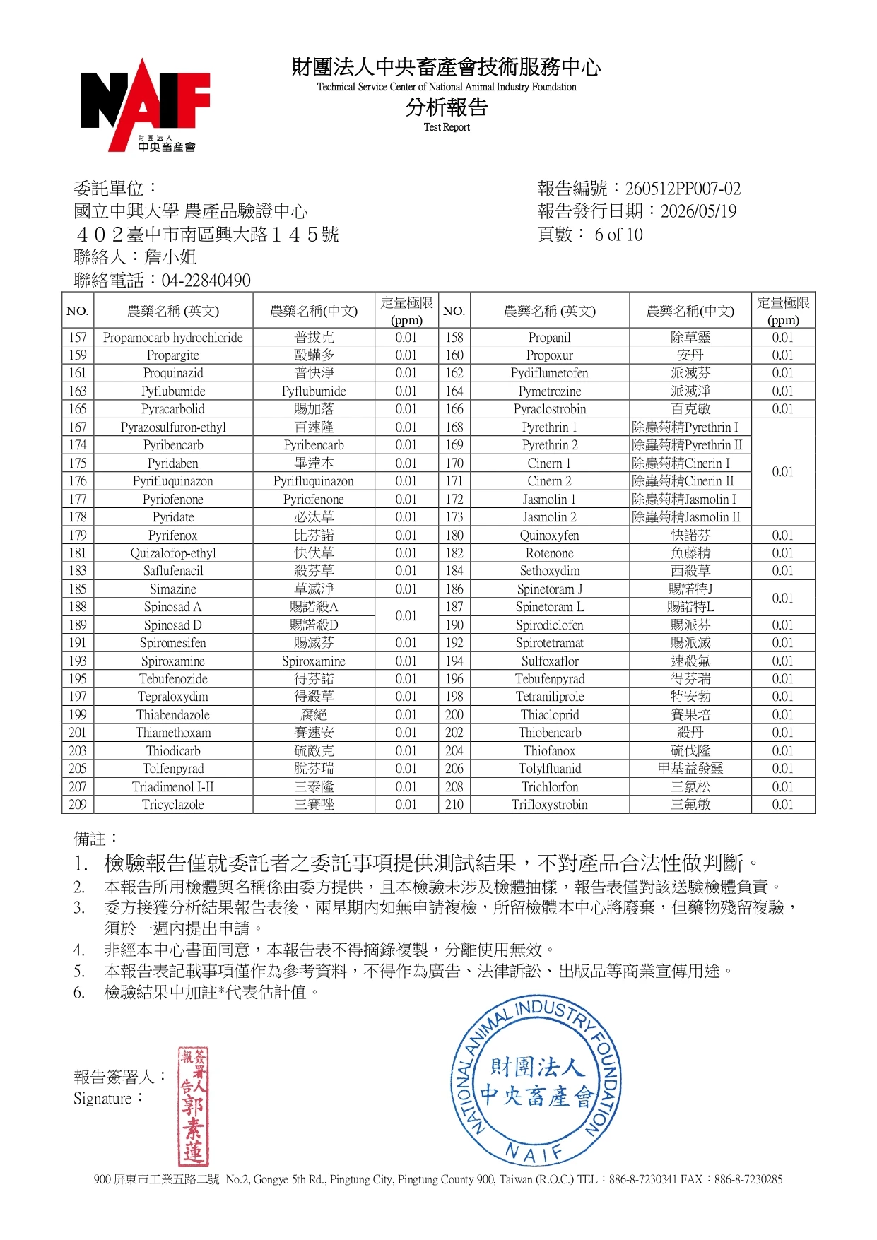 中央畜產會農產品驗證報告