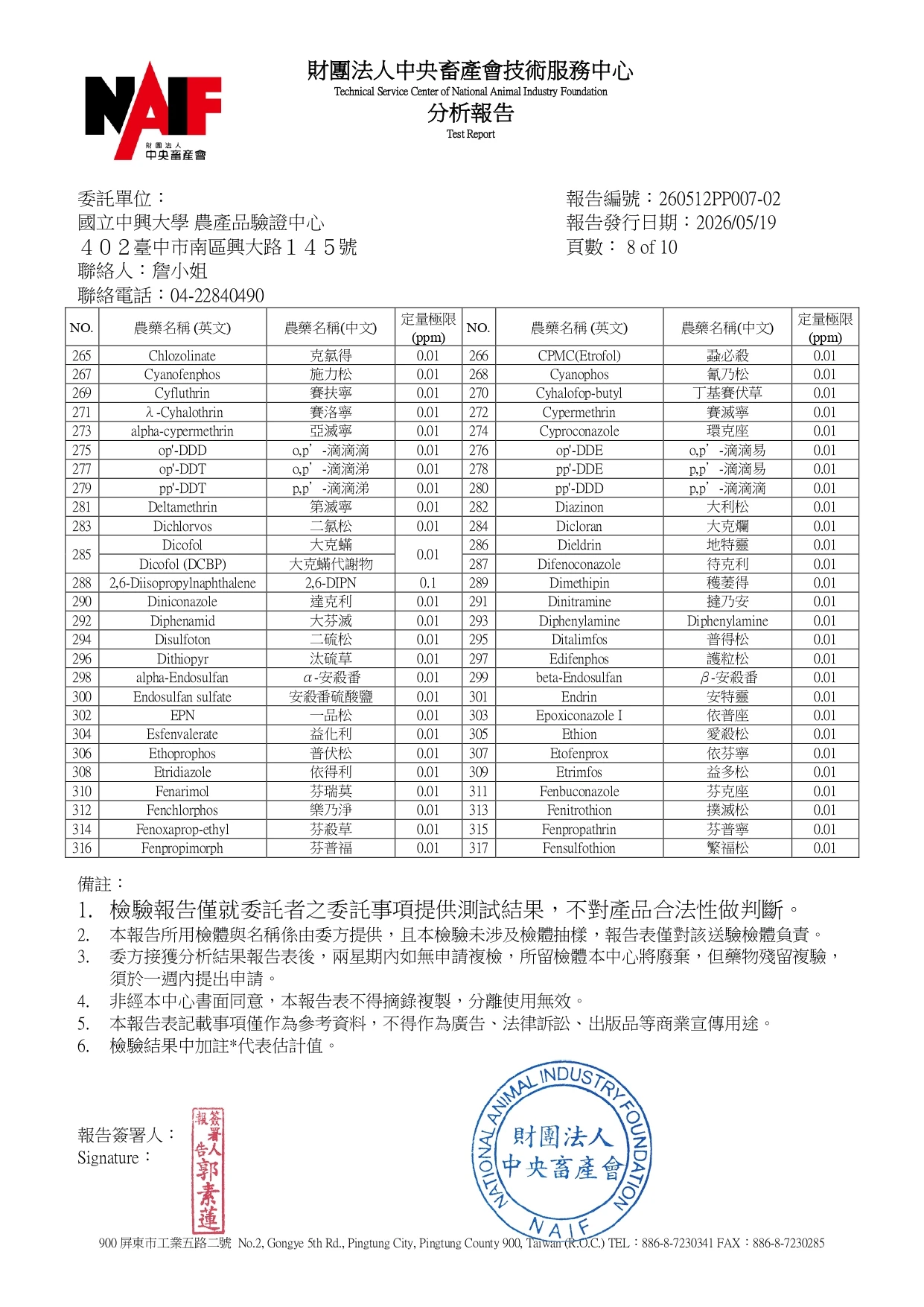 中央畜產會農產品驗證報告