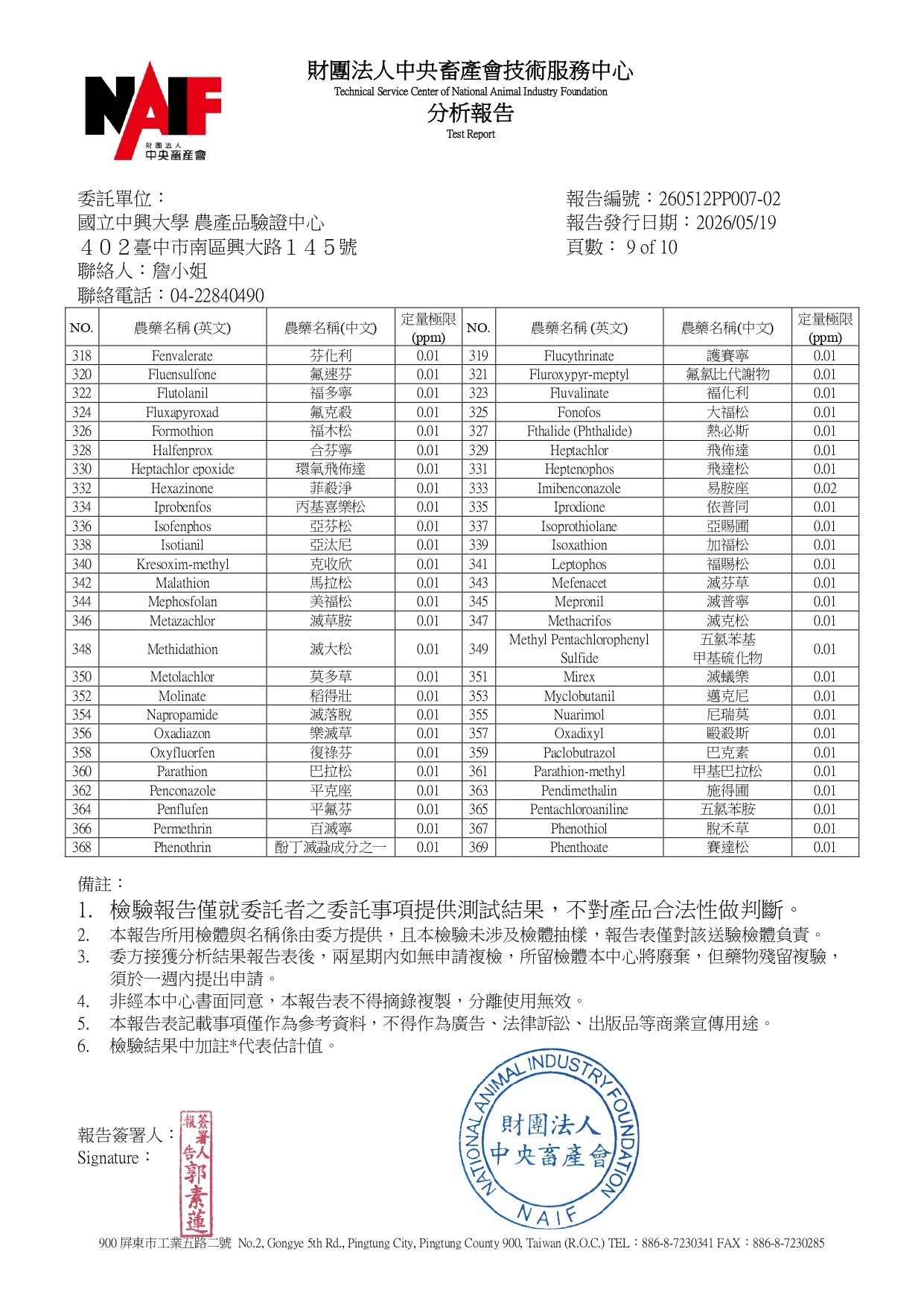 中央畜產會農產品驗證報告
