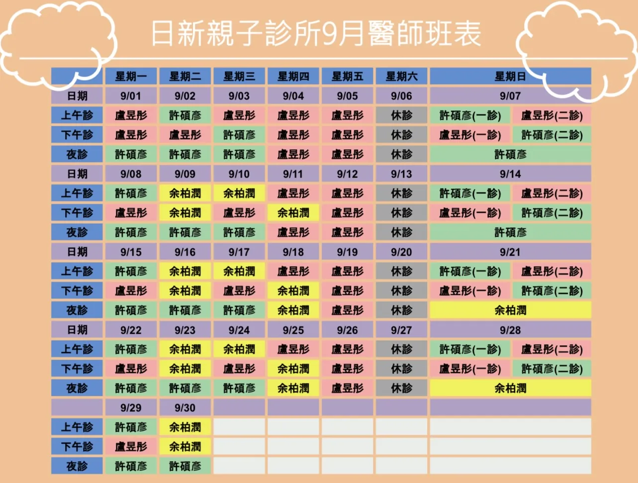 114年九月醫師班表