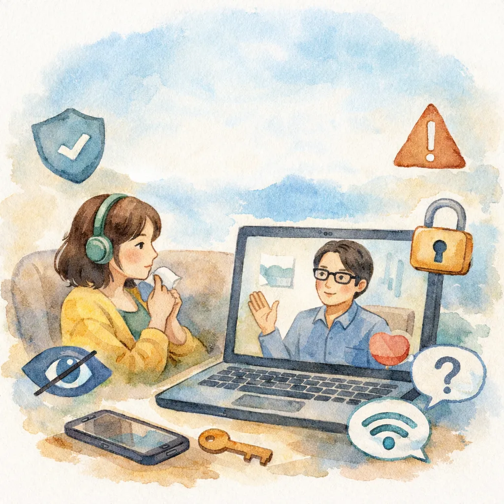 線上諮商安全基石 線上諮商隱私保護與專業環境示意圖