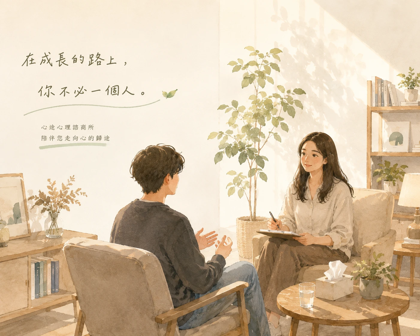 諮商心理師與學生進行溫和對話,展現心理諮商支持與情緒整理的過程
