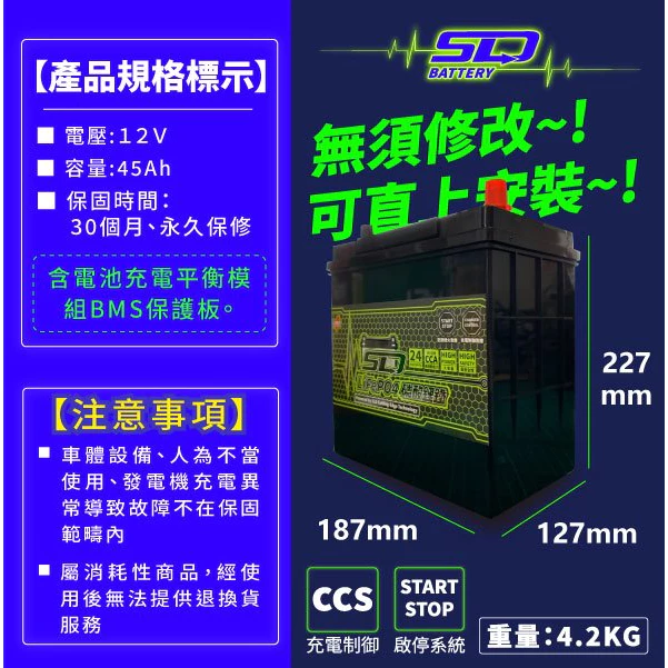 SLD 磷酸鋰鐵 65B19L 65B19R 汽車鋰鐵電瓶 容量45AH 支援怠速熄火 充電制御 台灣製造 保固30個月